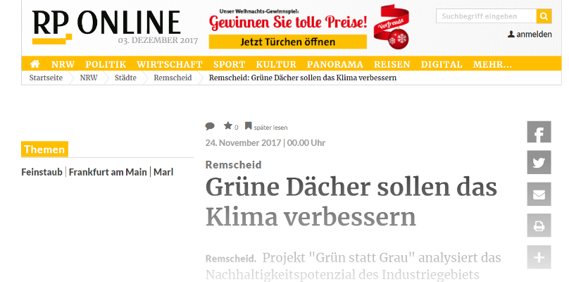 Die Rheinische Post berichtete am 24.11.2017 über das Projekt "Grün statt Grau". Der Link führt zur Seite des Artikels.
Das Bild zeigt einen Screenshot der Seite der rheinischen Post Online mit der Überschrift des Artikels.